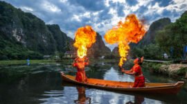 Atraksi Pepe-pepeka ri Makka di Kawasan Karst Rammang-rammang Penari Pepe-pepeka ri Makka beraktraksi sambil menyemburkan api di kawasan Karts Rammang Rammang, Maros. Foto:  Istimewa